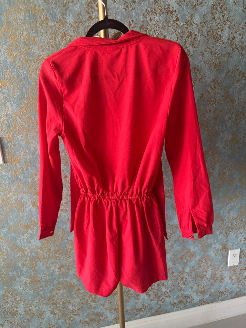 Marilyn Monroe Bright Red Long-Sleeve Button Romper with Neck Tie - Picture 6 of 7